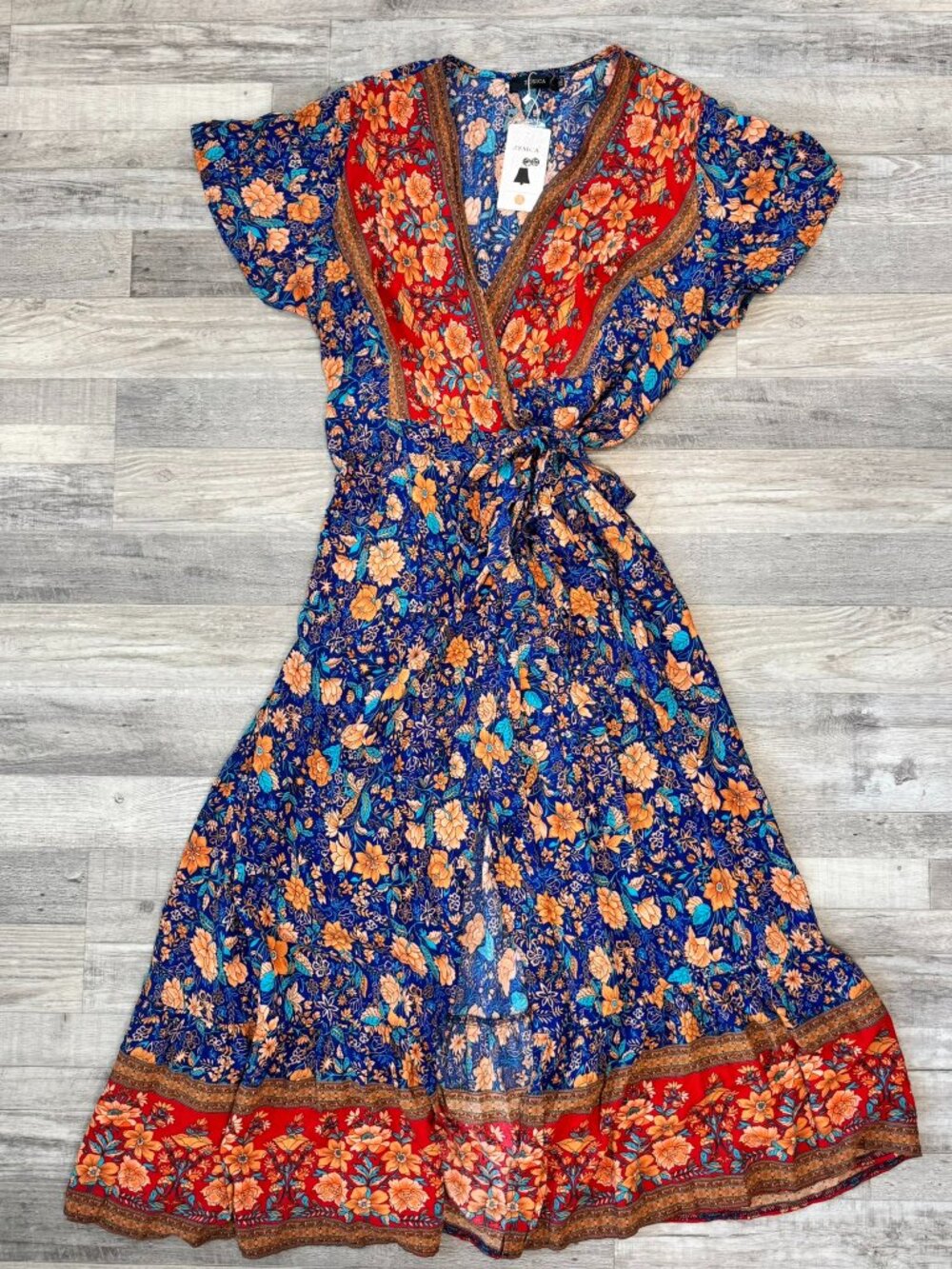 Zesica NWT Blue Peach Floral Wrap Maxi Dress Size 2X Flutter Sleeve B38